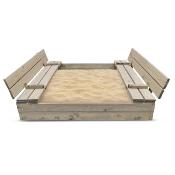 Grand bac à sable en bois 120 x 120  avec banc et couverle - bois traité gris